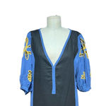 Bilo Brazil Blue Linen Crochet Puff Sleeve Long Midi Maxi Dress Size XS Photo 1