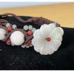 Handcrafted Jade Floral Beaded Knotted Adjustable Bracelet Boho Beachy White Photo 4