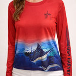 Guy Harvey Women’s Long Sleeve Performance Shirt – Red & Blue Marlin Graphic Photo 0