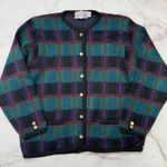 Vintage Tally Ho Womens Cardigan Sweater Size 2X Green Black Plaid Gold Buttons Photo 0