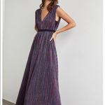 BCBGMAXAZRIA  Metallic‎ Pleated Striped V Neck Gown Multicolored Maxi Dress Small Photo 3