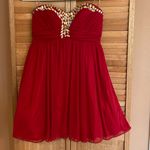 My Michelle  Short Cocktail Dress Juniors Size 3 Red Strapless Ruched Embellished Photo 3
