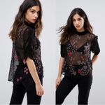 Free People  • So In Love Embroidered Blouse black sheer chiffon pink sequin bead Photo 3