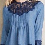 Holding Horses Anthropologie  Chambray Pleated Eyelet Boho Crochet Top Photo 0