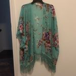 Soul Young Floral Kimono Cover Up Fringe Bohemian Beach Swim Size OS Blue Size L Photo 1