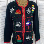 Cherokee Vintage  Embroidered Beaded Holiday Cardigan Sweater Black Multi Small Photo 0