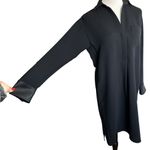 Vince Collared Long Sleeve Relaxed Shirt Dress Faux Leather Trim Black Small Photo 7