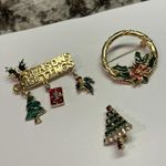 Lot Of 3 Costume Brooch Pin Christmas Holiday Gold Tone Season’s Greeting Etc Photo 0