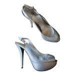 Stuart Weitzman Pump Vevey Galactic Silver Glitter Peep Toe Spain Leather 8 EUC Photo 1