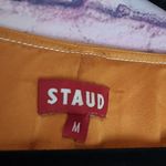 STAUD  SOPHIE FAUX LEATHER PUFF SLEEVE  PEPLUM ORANGE CAMEL BLOUSE MEDIUM Photo 12