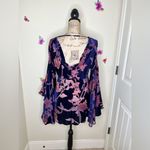 Free People  Rare Piece Navy & Pink Velvet Floral Bell Sleeve Sheer Dress Size XS Photo 6