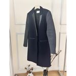 Sandro  Women’s Mid-Long Wool Coat Leather Trim Navy & Gray Size 36 Photo 2