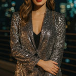 Chico's  Festive Blazer Jacket Women 0 Sm Gold Sequin Mother Pearl Button Pockets Photo 0