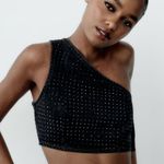 ZARA NWT RHINESTONE ASYMMETRICAL BLACK DENIM CROP TOP Photo 0