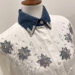 Vintage Womens Western Show Shirt Large Denim Embroidered Pearl Sequin Chambray White Photo 1