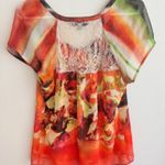 Figueroa & Flower Floral Lace Boho Cottagecore Orange Sheer V Neck L Blouse Top Size L Photo 1
