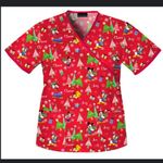 Disney Christmas Print Women’s Scrub Top in Red Photo 0