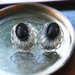 VTG Large Silver Scrolled Pierced Earring Faux Black Onyx Art Deco 70’s Costume Photo 6