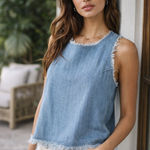 Pistola P5283 Chambray Sleeveless Top Frayed Hem Dancing Days – Small Photo 0