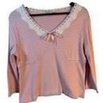 White Stag Vtg Striped Lace Trim Top Pink & White Cotton Babydoll Y2K Size L Photo 0