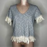 Maven West Women’s Blue & Creme Striped V-Neck Short Sleeves Fringed Top size S Photo 0