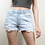 Aeropostale  Light Wash Distressed Denim Lace Hem Cheeky Shorts Photo 0