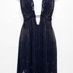 Free People Beaded Sequin Plunging Midnight Navy Tulle Gown Maxi Dress 12 Photo 3
