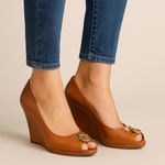 Michael Kors Tan Leather Peep-Toe Wedge Heels Gold MK Logo Size 10M Photo 0