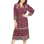 Knox Rose Floral Print Long Sleeve V-Neck Button Down Shift Midi Dress Burgundy Photo 3