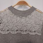 Gray Knit Embroidered Lace Sheer Long Sleeve Crew Neck Pullover Cozy Sweater Blue Photo 2