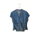 Vintage Blue Denim Pearl Snap Capped sleeve Shirt Boho Western coastal cowgirl Size XL Photo 1