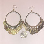 Brass Tone Aged Gold Tone Coin Dangle Boho Retro Hoop Earrings Photo 2