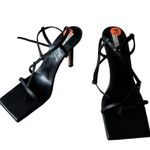 River Island NEW  SQUARE TOE BLACK LEATHER HEEL SANDAL STAPPY SZ -9.5 Photo 3