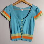 Betsey Johnson Vintage Short Sleeve Cardigan Sweater Womens Medium Blue 90s Rare Photo 2