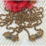 Long Gold Tone Pull Over Thick Twisted Chain Necklace Filigree Ball Blue Crystal Photo 1
