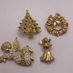 Lot Of 4 Gold Tone Costume Brooch Pins Christmas Holiday Wreath / Angel / Tree Photo 1