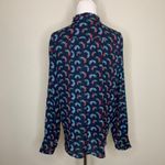 Loft Navy Blue Peacock Print Chiffon Blouse Sz Large Photo 1