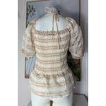 Yuni Los Angeles Beige Plaid Smocked Peplum Puff Sleeve Stretch Top Large Tan Photo 3