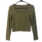 Wild Fable  Olive Ribbed Henley Fitted Long Sleeve Cropped Shirt Women Sz S Photo 6