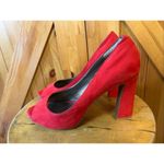 Moda Spana  10M  Red Suede Leather Peep Toe Chunky High Heel Pumps Shoes Photo 2