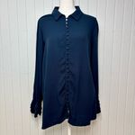 Soft Surroundings  Navy Blue Button-Down Shirt with Ruffled cuffs Size L Photo 2
