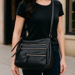 None Black Faux Leather Crossbody Shoulder Bag Gold Zipper Pockets Baddie Luxe City Photo 1