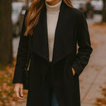 OAK Designer Luxury Waterfall Wool Drape Winter Coat Medium Black Heavy Weight Photo 0