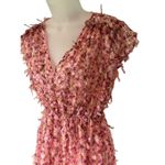 ZARA  TEXTURED WEAVE FLORAL‎ SEMI SHEER DRESS V-Neck Ruffled Pink/Red SIZE S NEW Photo 1