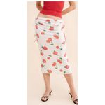 For Love & Lemons Wilma Midi Skirt Cherry Rose Print White Drawstring Ruched Red Photo 1