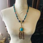 Handcrafted southwest style natural stone leather fringe medallion necklace Photo 1