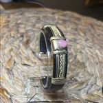 Silver and Black Leather Bracelet with Pink Stone Photo 2