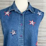 lemon grass  Vintage Denim Button Down Sleeveless Shirt w Plaid Star Design-Small Photo 1