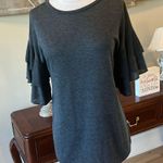Luxe Oversized  Gray Top Ruffle Tiered Bell Sleeve Knit Womens Small Roomy Photo 3