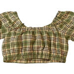 NWOT Lena Size Medium Women Balloon Puff Sleeve Short Sleeve Plaid Crop Top Green Photo 0